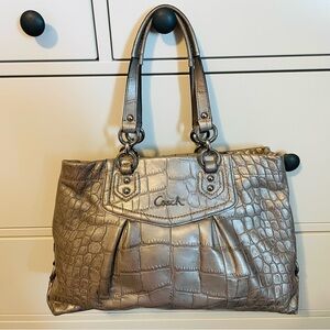 Coach Metallic Silver Croc-Embossed Shoulder Bag